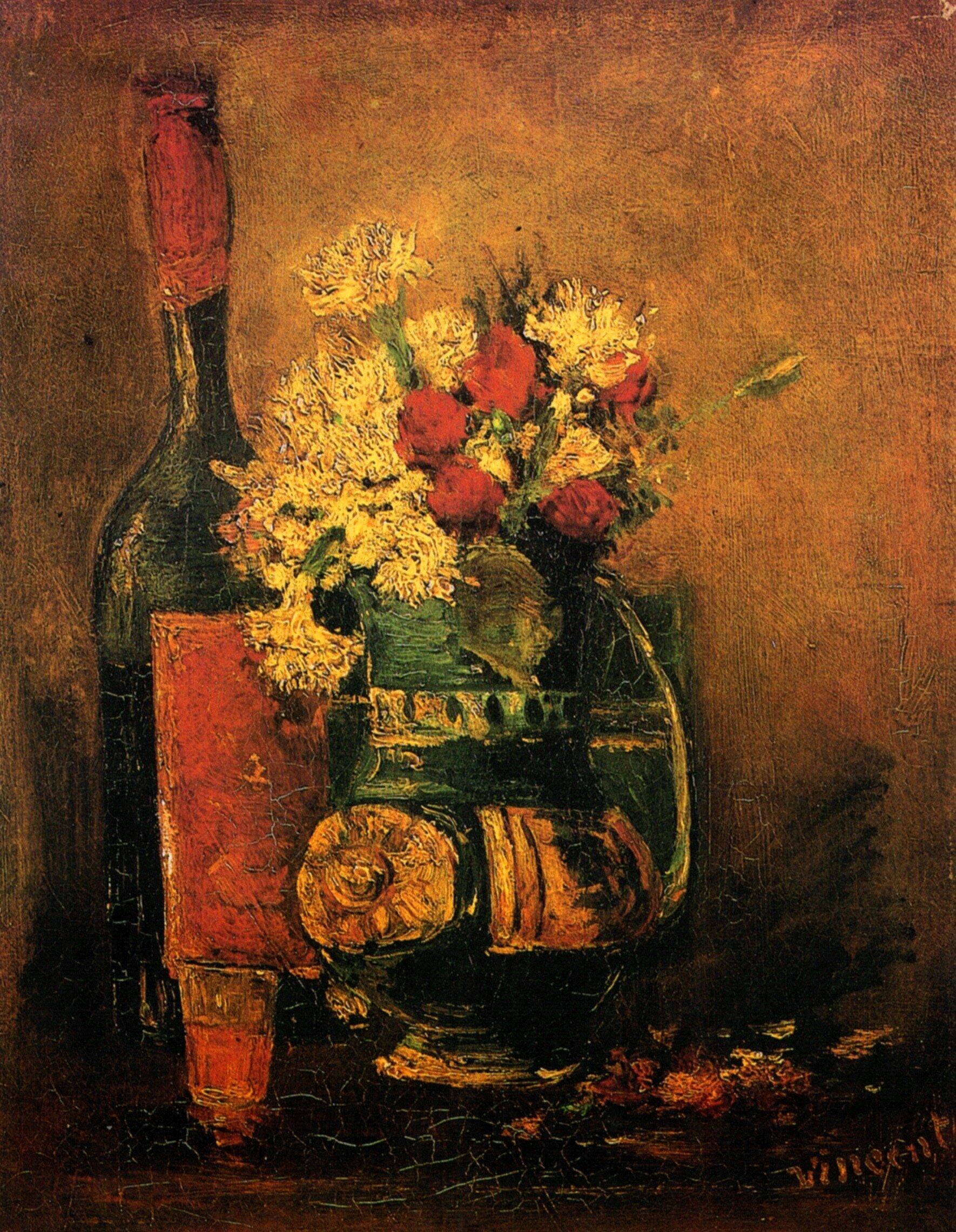  Ван Гог Париж  Ваза с гвоздиками, розами и бутылкой